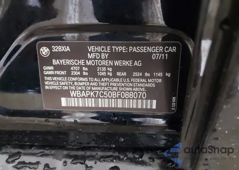 2011 BMW 328I xDrive из США, поврежденный, VIN WBAPK7C50BF088070